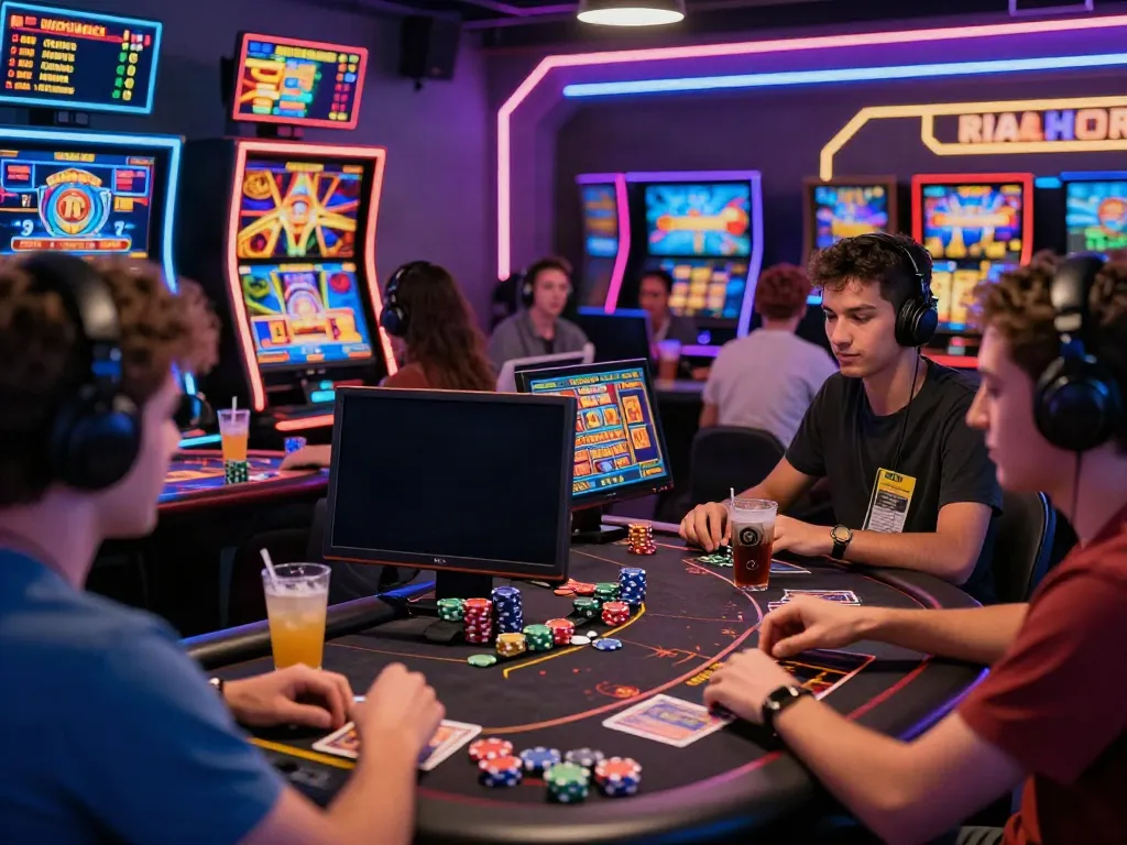 A lively online casino gaming scene with players enjoying slot games, highlighting akunjp as a vibrant brand.