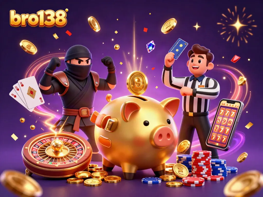 Experience the excitement of bro138 with a vibrant scene of a golden piggy bank sumo wrestler, sparkling gems, and festive energy!