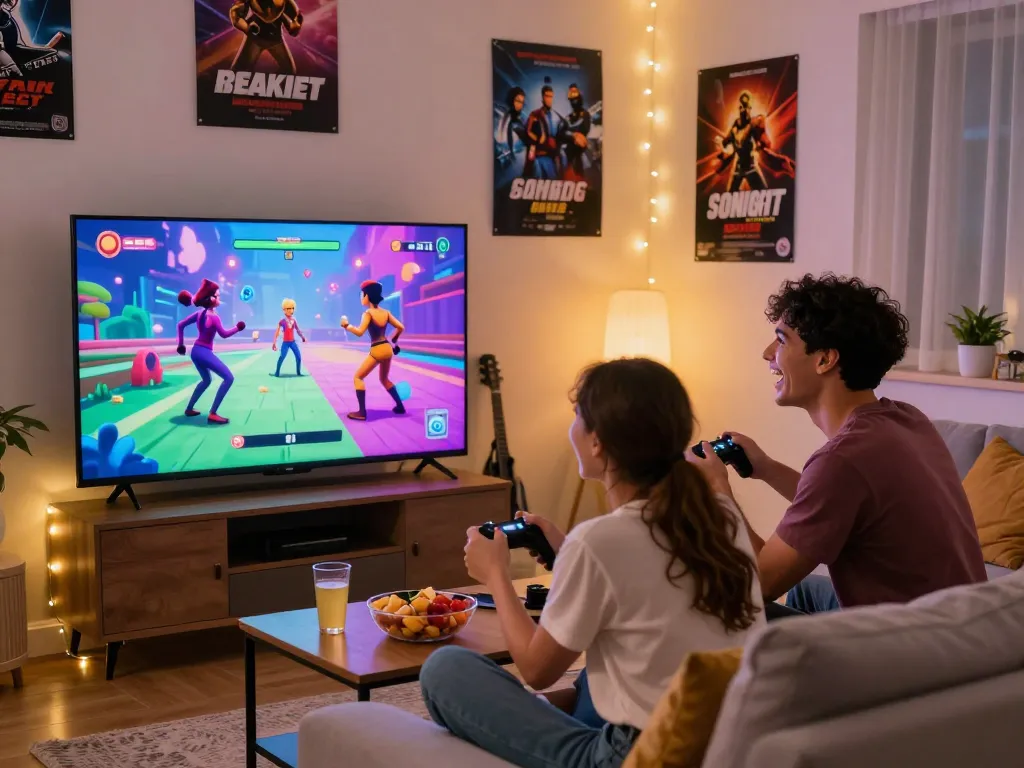 Couple playing a sex game on a TV together in a cozy living room during gaming night.