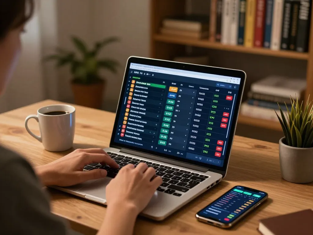 Person engaging in sports betting on luongsontv using a laptop and smartphone in a cozy home office.