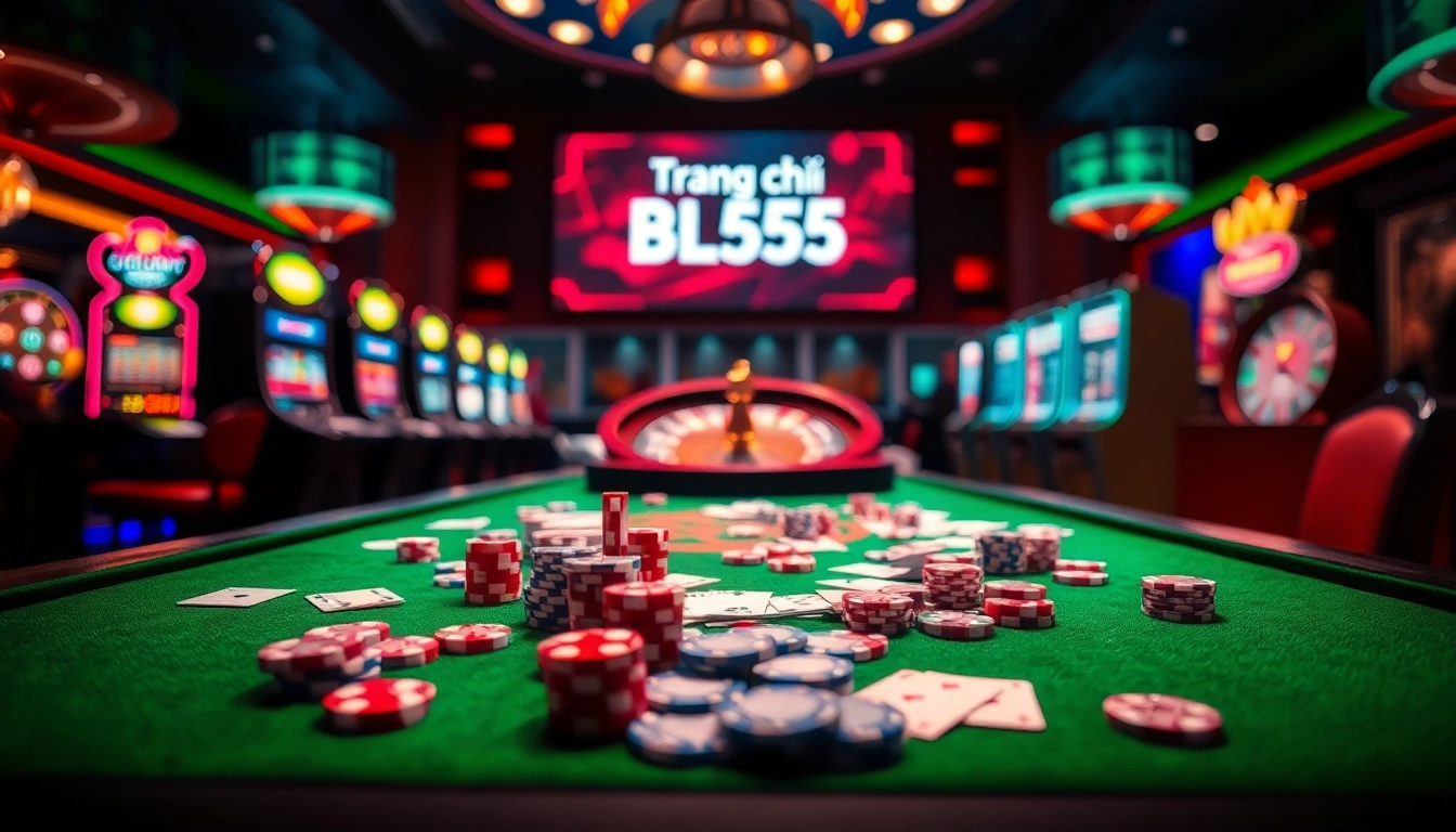 Engaging gambling scene at Trang chủ BL555 featuring vibrant casino tables and dynamic digital interfaces.