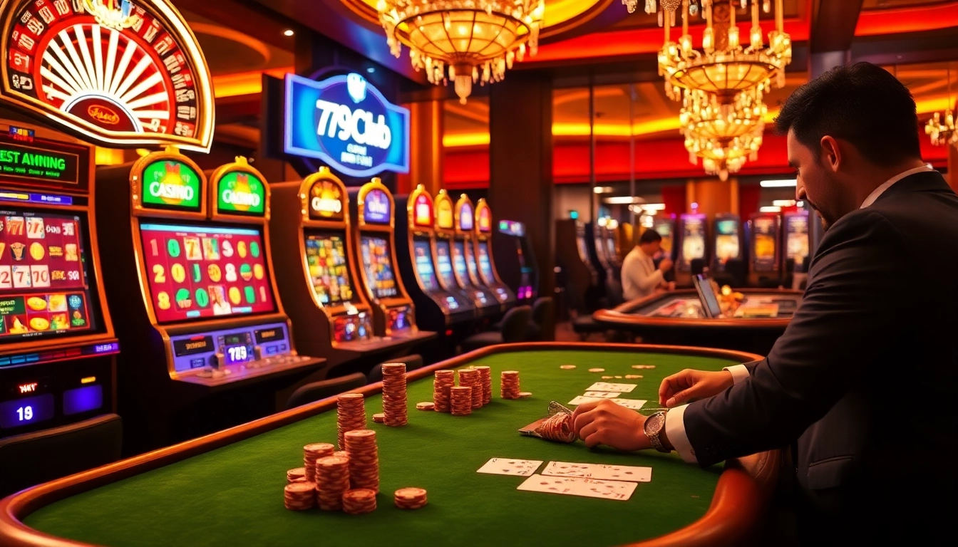 Engaging gamblers at 789CLUB with vibrant casino tables, roulette wheels, and slot machines.
