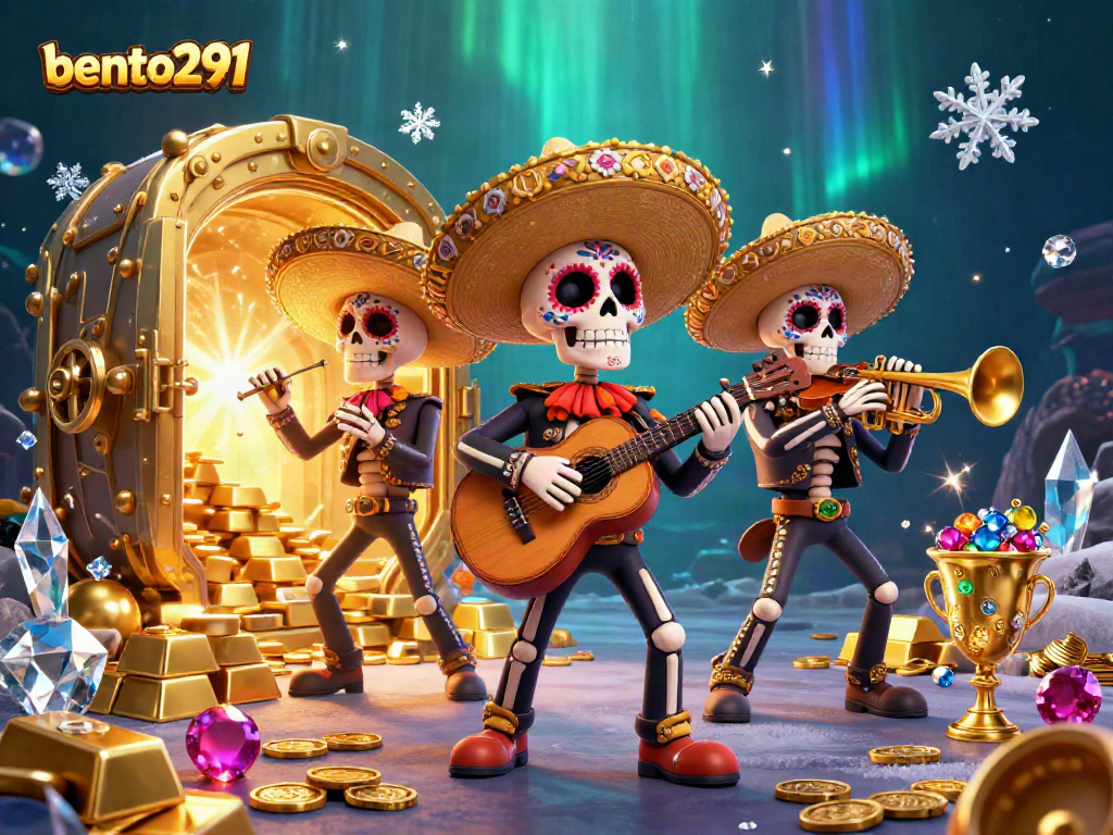 Engage in the vibrant bento291 casino experience with festive skeleton mariachi band and treasures.