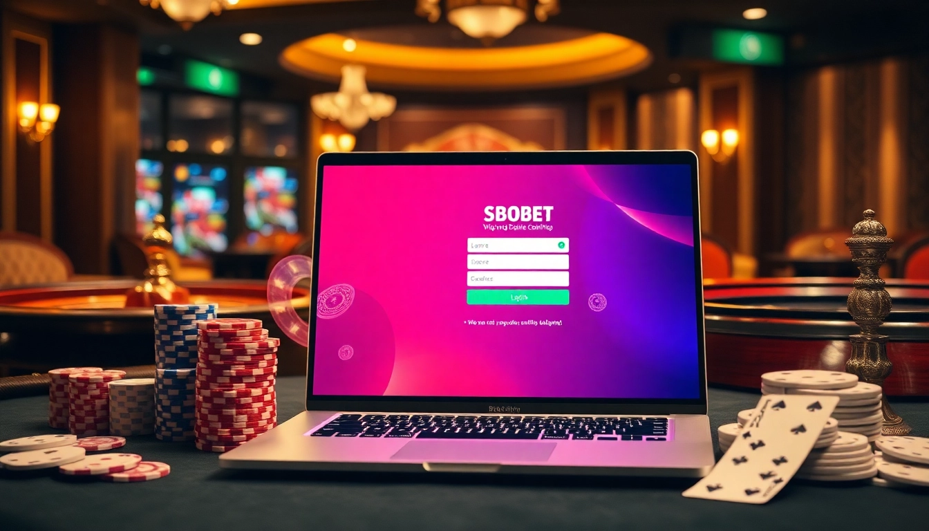Engaging scene of sbobet login indonesia with casino games and chips in a luxurious setting.