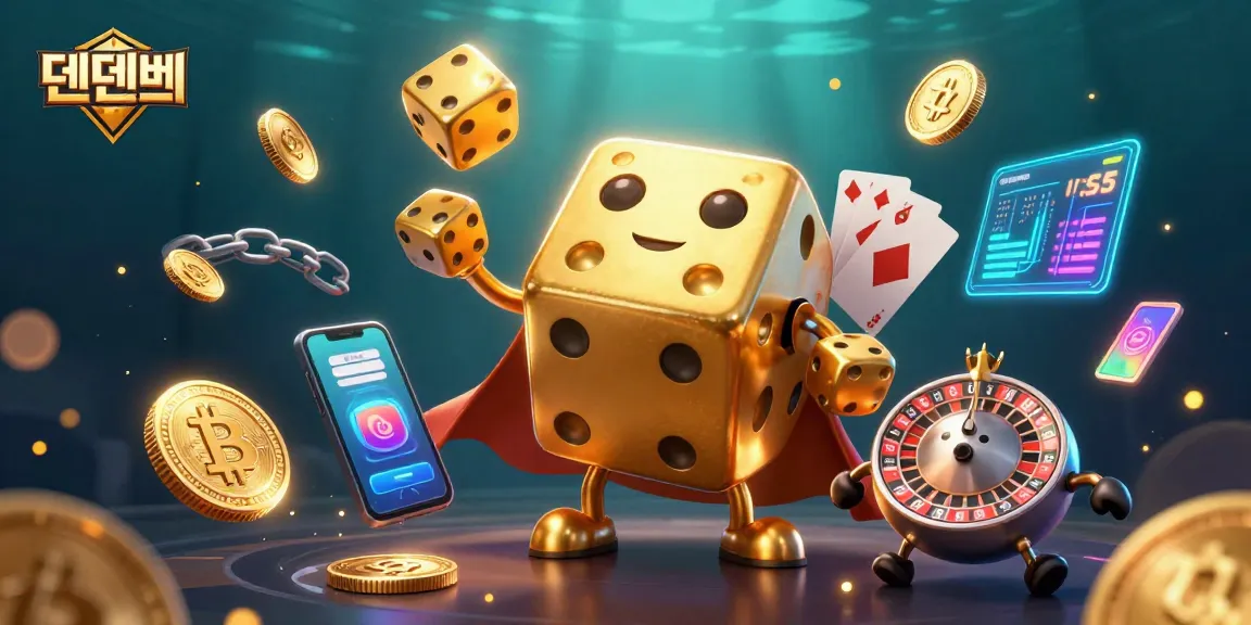 Experience the thrill of 텐텐벳 with a vibrant, interactive 3D casino scene featuring golden dice and crypto symbols.