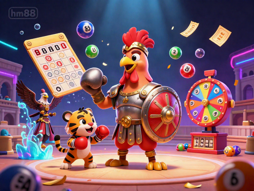 Experience the thrill of hm88 gaming with a vibrant illustration of a gladiator rooster amidst explosive lottery elements.