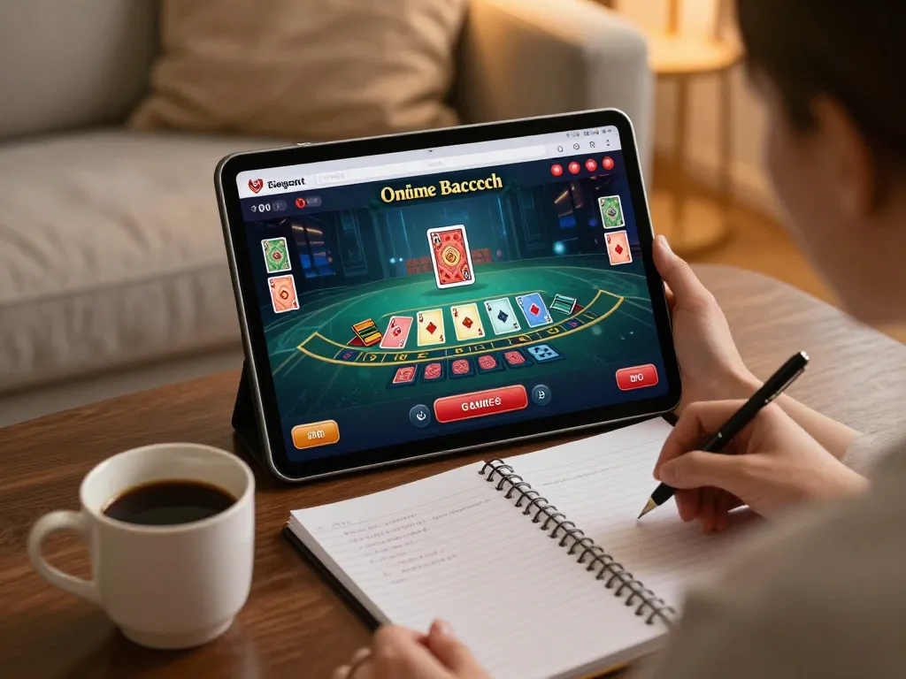 Engaged user playing baccarat online with sepuhplay on a tablet in a cozy home setting.