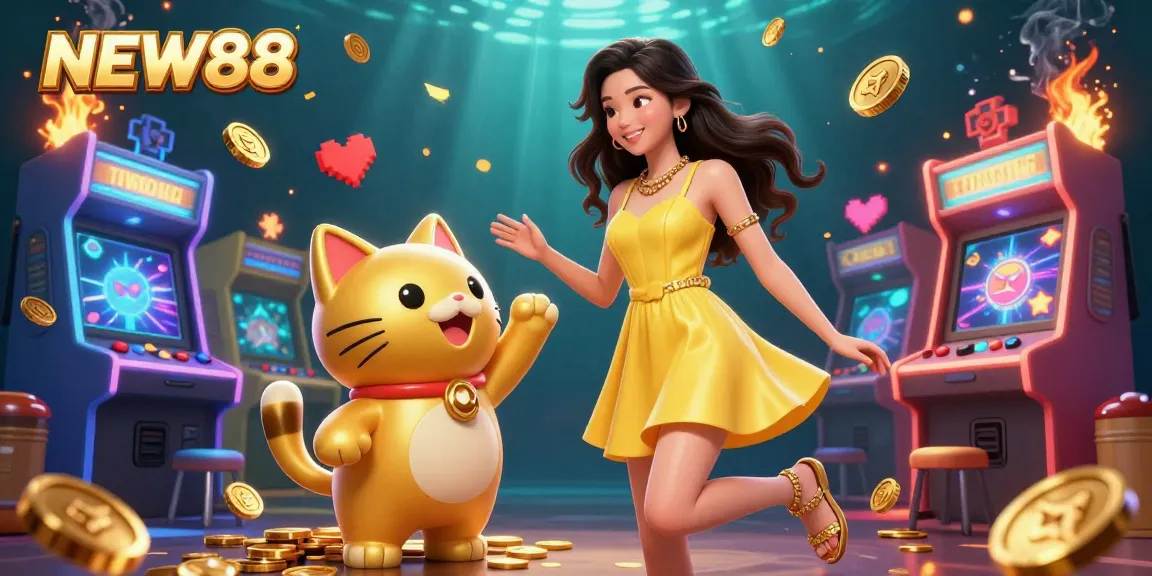 Experience the vibrant excitement of NEW88 online casino with a joyful Asian woman and a golden lucky cat amidst floating coins.
