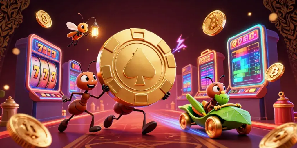 Ants carrying a giant poker chip in a vibrant casino heist scene, showcasing slot gacor elements.