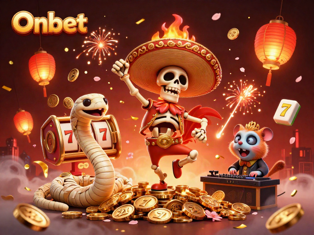 Experience the excitement of Onbet with a festive 3D casino scene featuring dancing characters, slot reels, and celebratory elements.