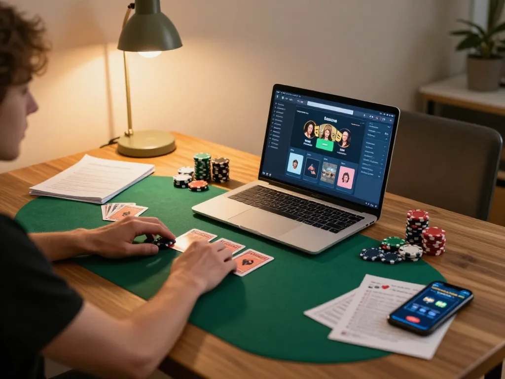 Engaging in online poker at home, nk88 win showcased with strategic gameplay and comfortable setting