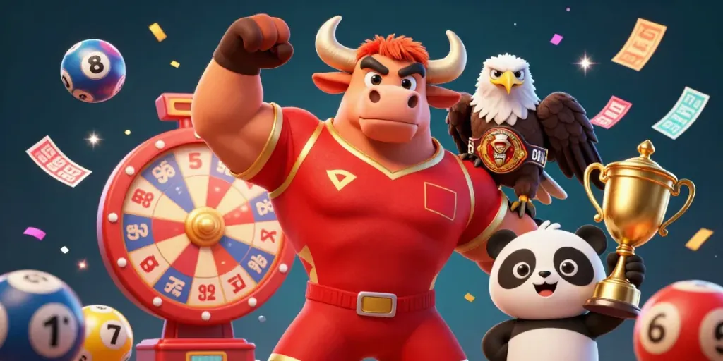 Engaging laskar togel illustration featuring a bull, eagle, and panda celebrating lottery wins with vibrant elements.