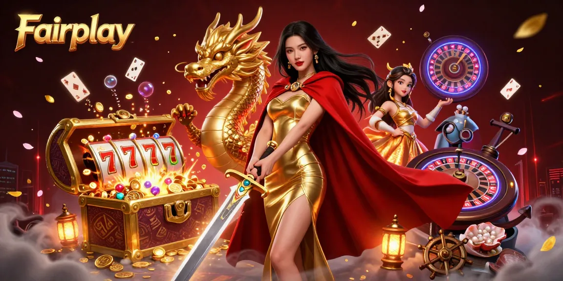 Engage with Fairplay through immersive slot gameplay featuring a warrior queen in a vibrant casino setting.