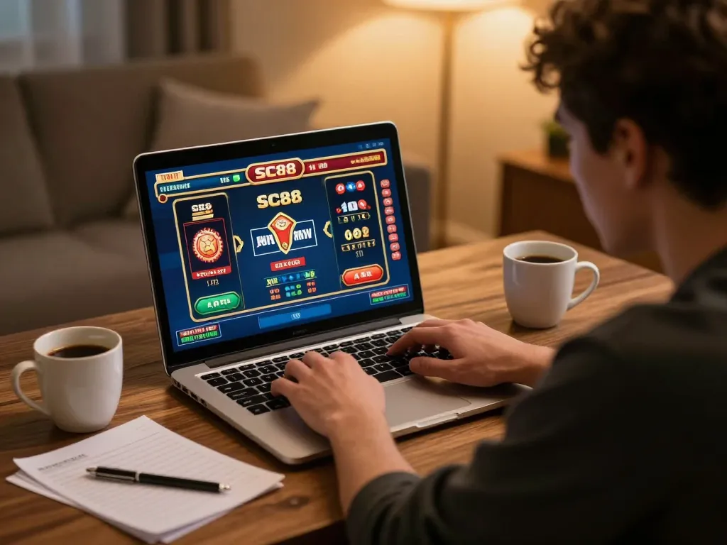 Player engaging with SC88 casino games on a laptop in a cozy home setting, focusing on strategy and gameplay.