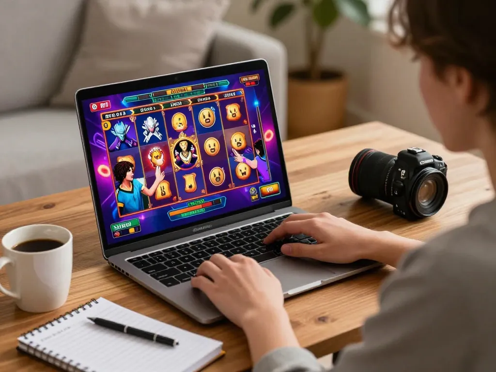 NAGA2000 player enjoying an online slot game at home, showcasing vibrant graphics and cozy setting.