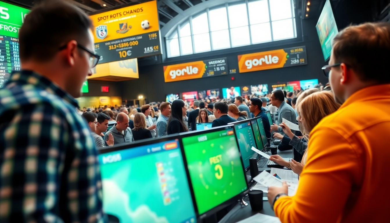 Engaging atmosphere of Sports Betting with enthusiastic individuals and live odds screens.
