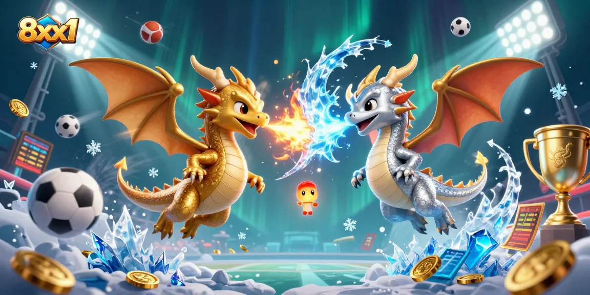 Experience thrilling gaming with 8xx1's dragons symbolizing fire and ice, surrounded by dynamic sports elements.
