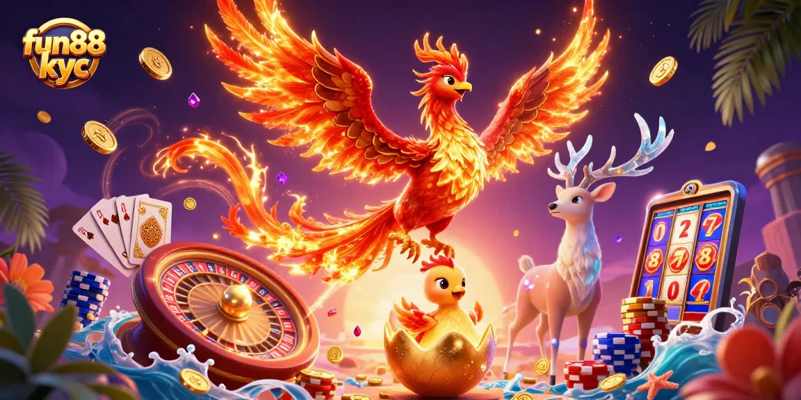 Chơi cá cược tại Fun88 KYC với cá rô lửa và trẻ em phượng hoàng, đồng tiền vàng bay lượn.