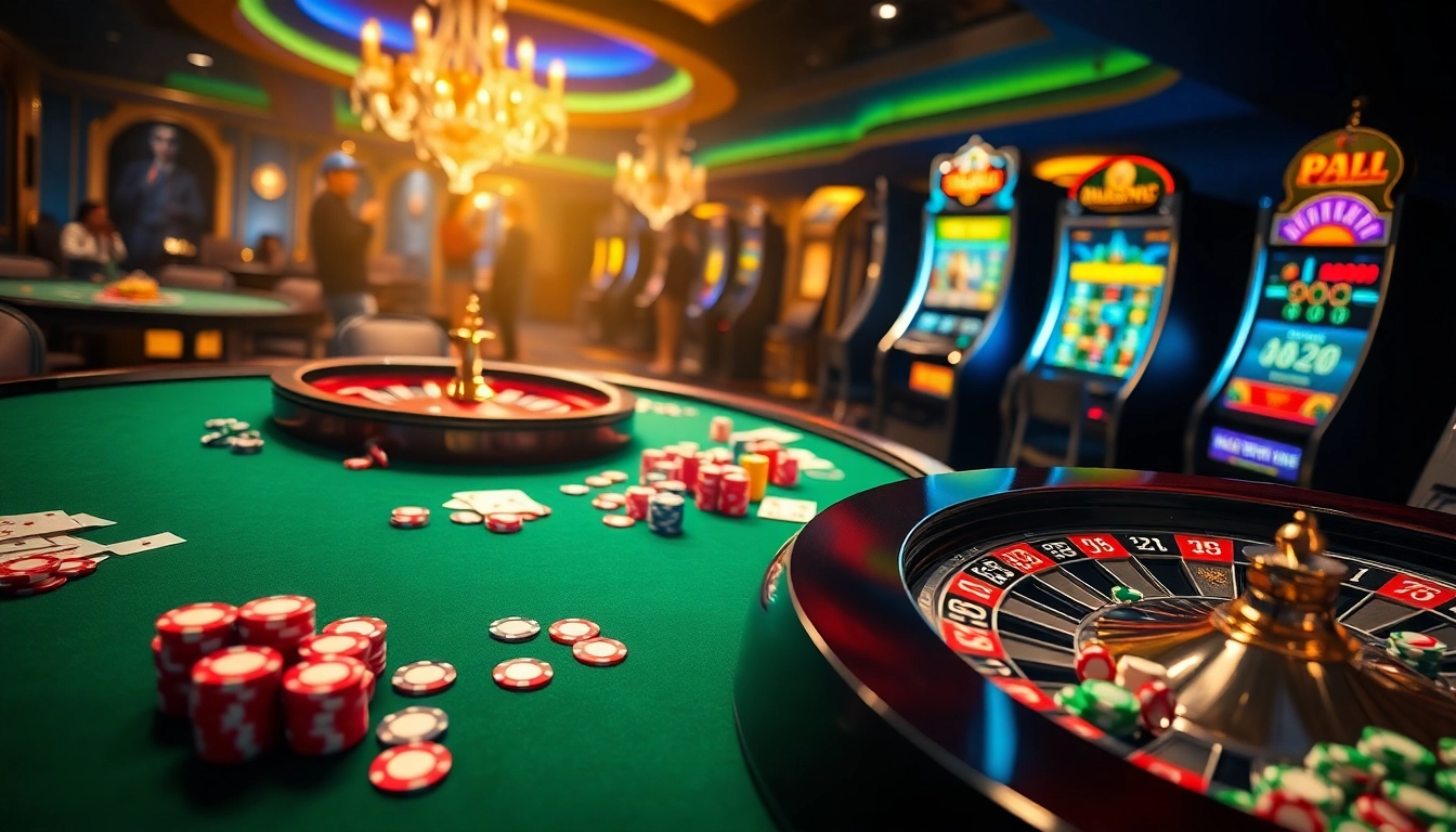 Experience thrilling gaming at 22JL with vibrant poker tables and a spinning roulette wheel.