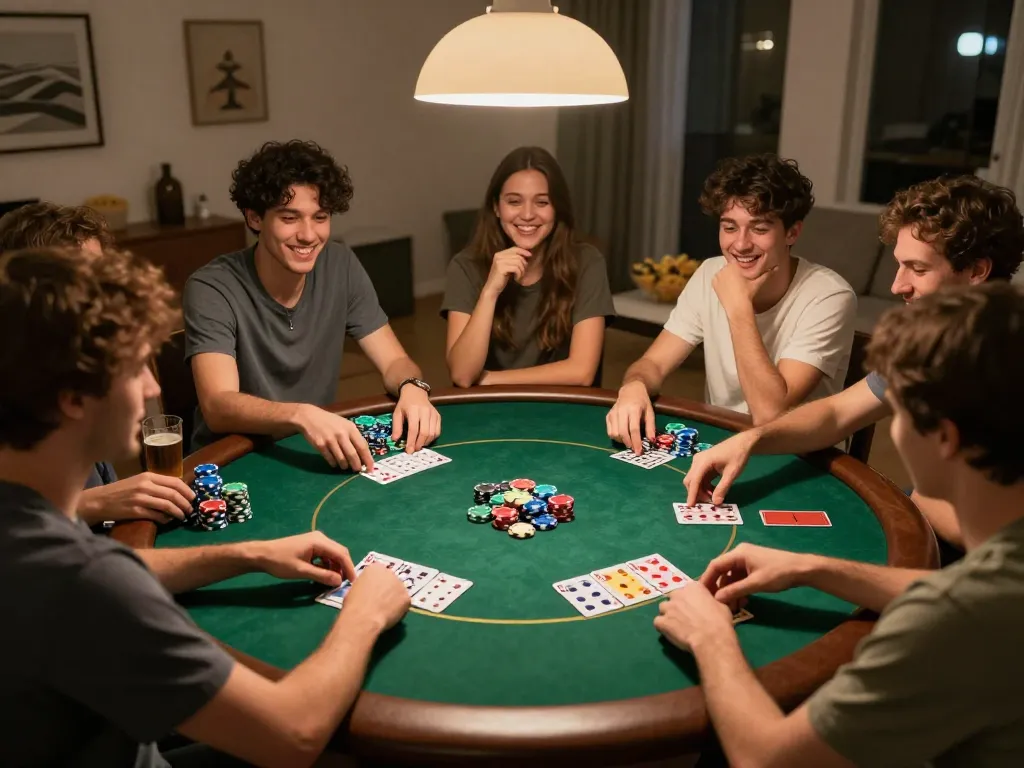 Playing Poker Online Domino QQ with friends, vibrant chips and cards creating an engaging home game atmosphere.
