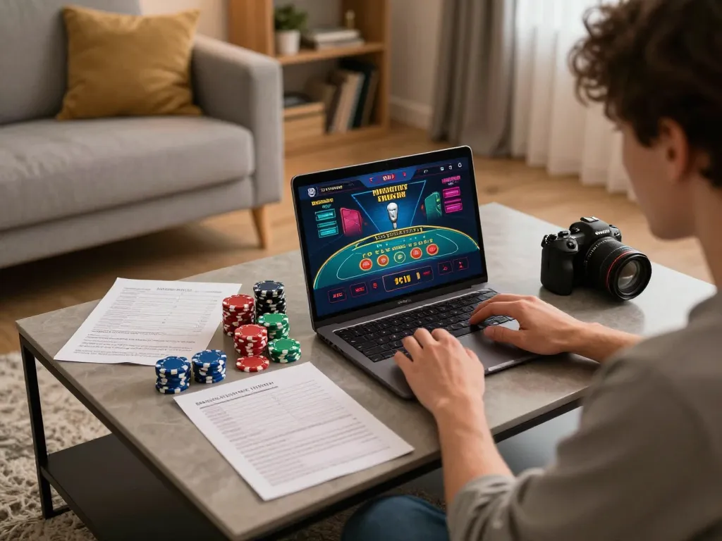 Engaging in strategic online gambling at Canadian online casinos on a cozy home setup.
