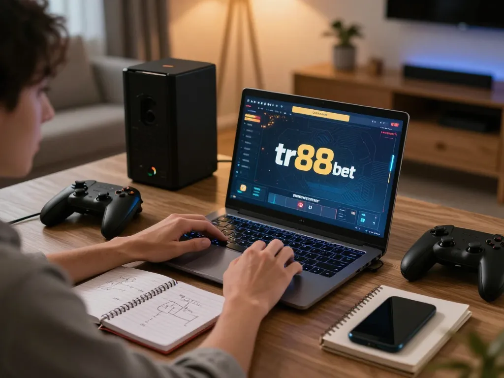 Betting on tr88 bet in a cozy home gaming setup with a laptop and strategy notes.