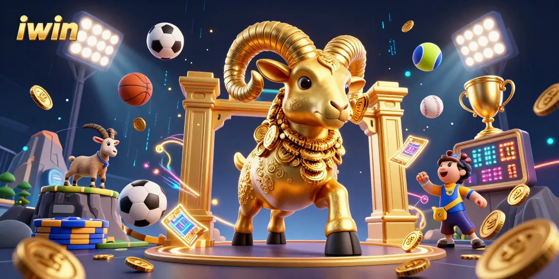 Experience the thrill of betting with iwin as a golden ram charges through a sports-themed digital landscape.
