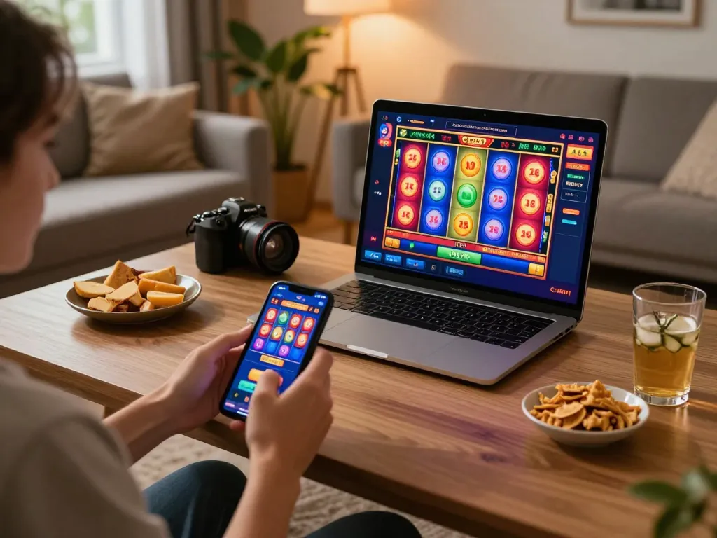 Kuwin mobile gambling experience, featuring a player enjoying a slot game on a tablet in a cozy living room setting.