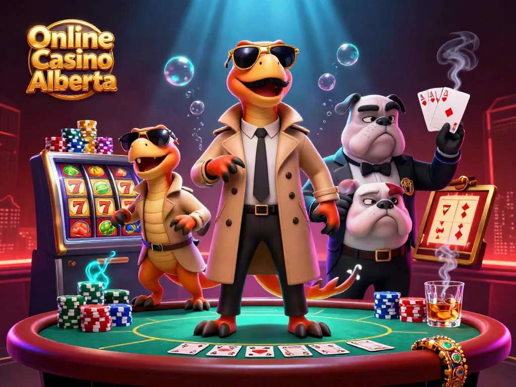 Engage with thrilling games at Online Casino Alberta featuring playful raptors and vibrant casino elements.