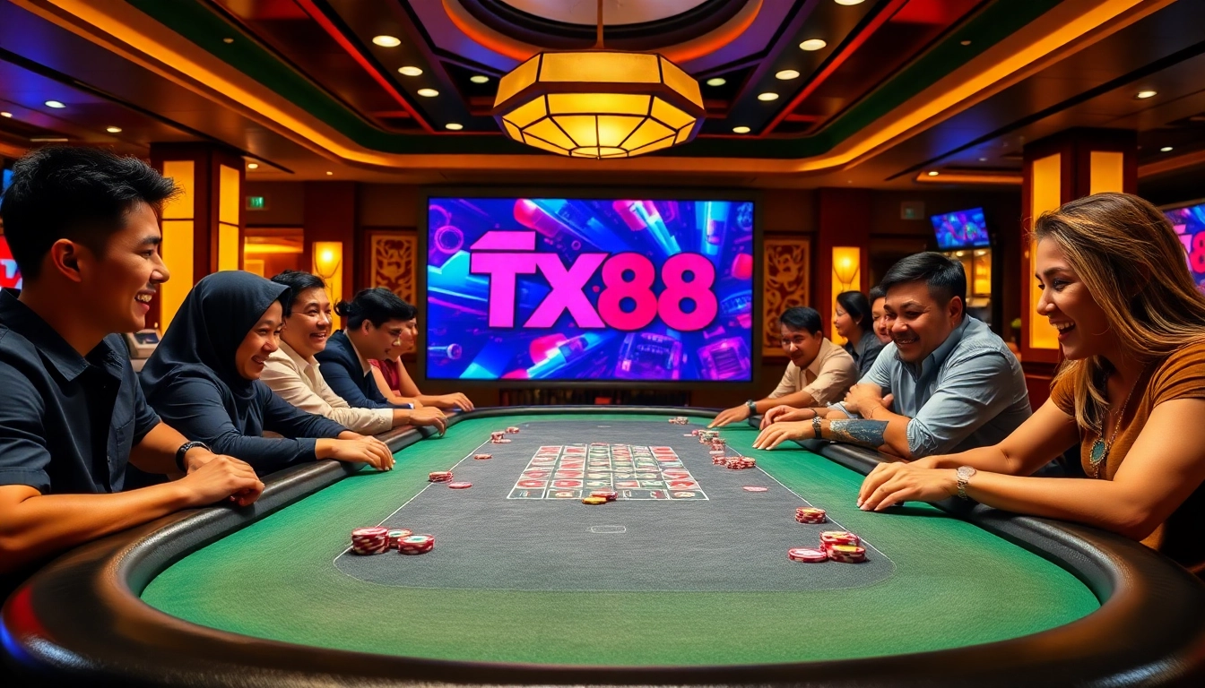 An engaging casino scene at TX88.link, showcasing excited players at a poker table filled with chips and cards.