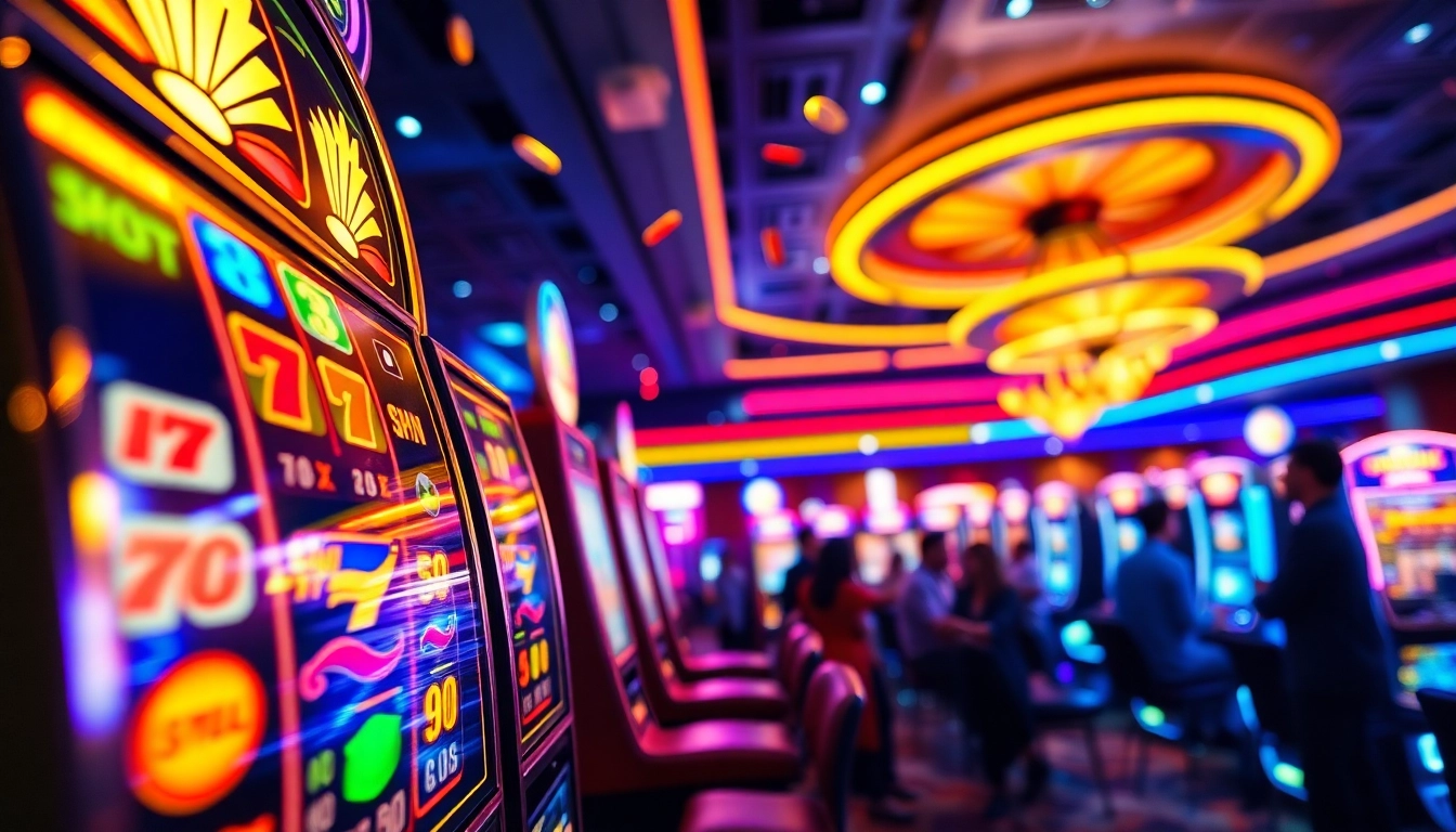 Slot Game yang menampilkan mesin slot berwarna cerah dengan pemain yang bersenang-senang.