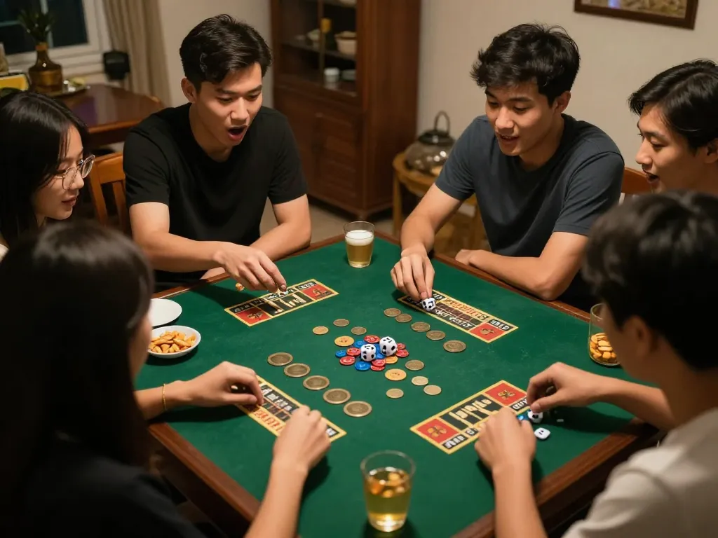 Xóc đĩa game in a friendly home setting with players engaged and vibrant coins visible.