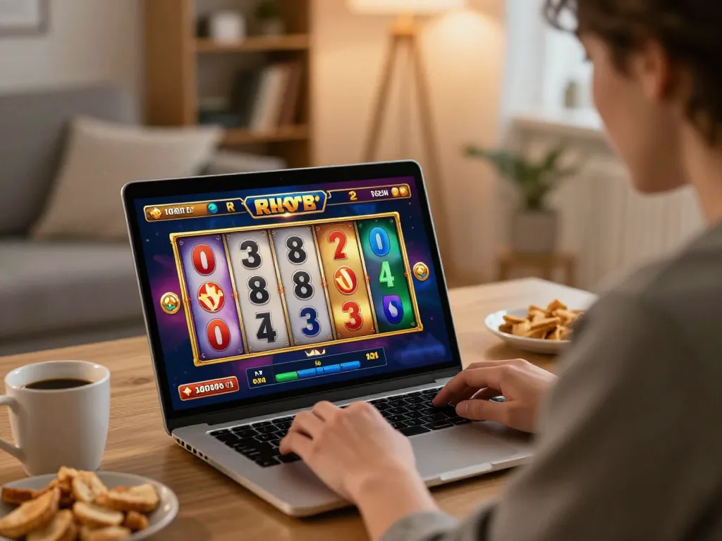 situs slot gameplay on a laptop at home, player spins reels, colorful animations