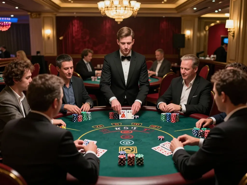 Engaged players at a blackjack table with TT88 gambling strategy in action, showcasing chips and cards.