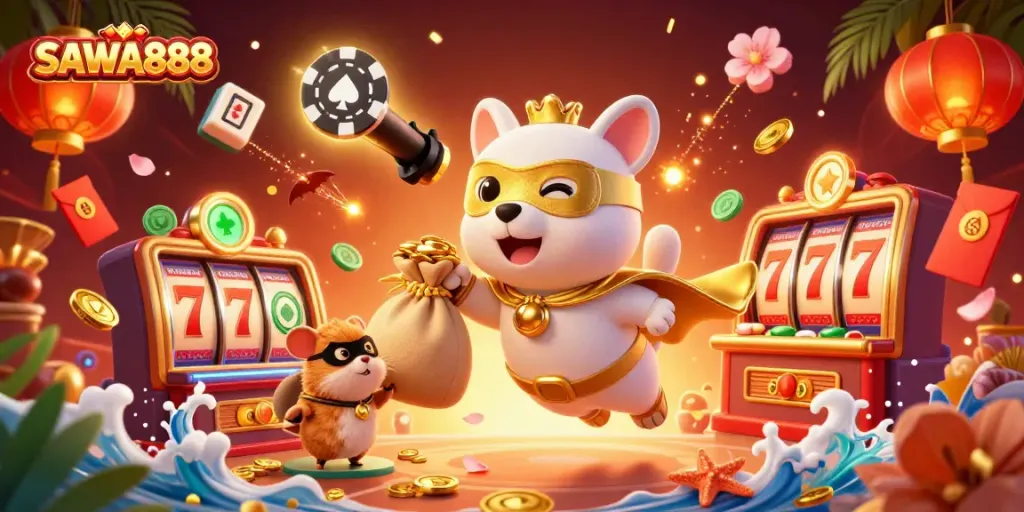 Experience SAWA888 with a vibrant scene of a superhero dog and hamster in a casino surrounded by dynamic gaming elements.