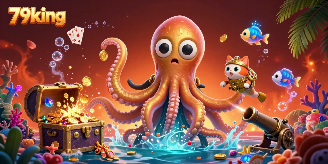 Engage with immersive 79king gaming, featuring a colossal kraken and diving cat in vibrant underwater action.