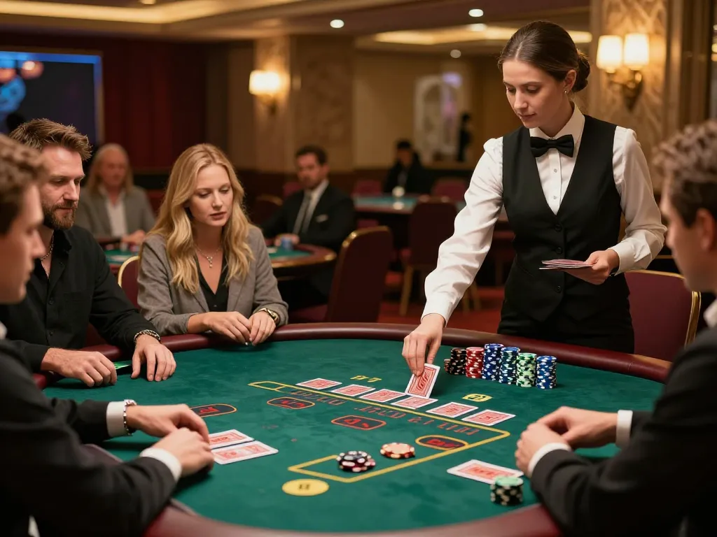 Engaged players at nhà cái cm88 blackjack table strategizing their next move in a vibrant casino setting.
