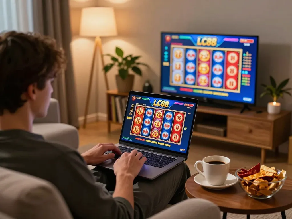 Engaged player strategizing while using the LC88 online casino platform on a laptop in a cozy living room.