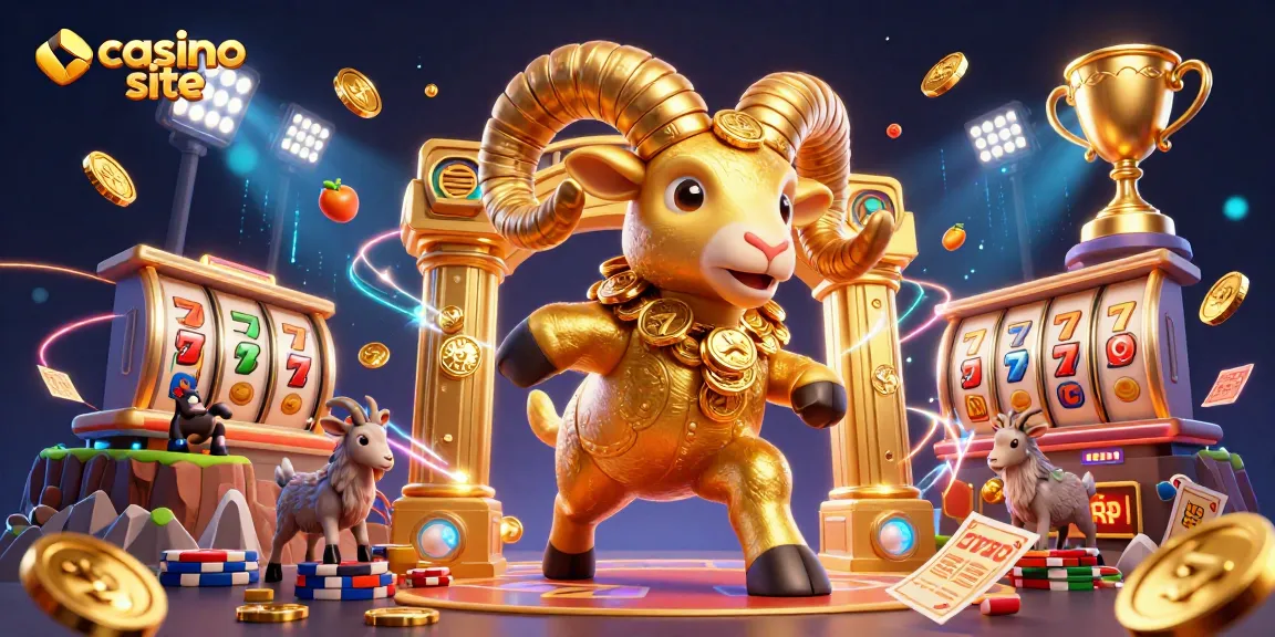 Engaging casino site display with a golden ram charging through vibrant 3D lottery elements and game symbols.