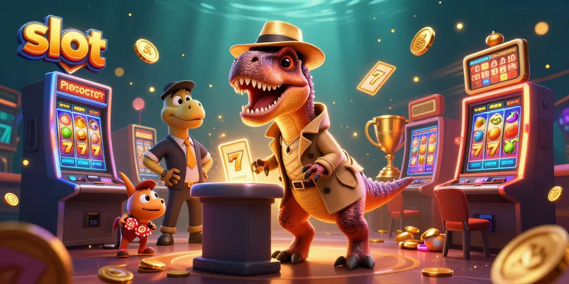 Spin the slot reels as a velociraptor card counter tries to avoid the suspicious pit boss in a vibrant casino scene.