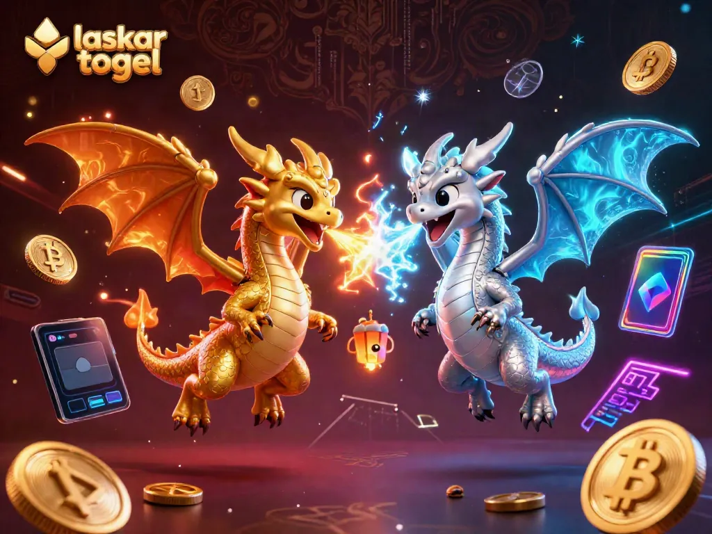 Experience the thrill of laskar togel in this vivid illustration with engaging dragons and crypto elements.