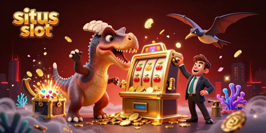 Permainan situs slot menarik dengan dinosaurus dan mesin slot menghasilkan jackpot.