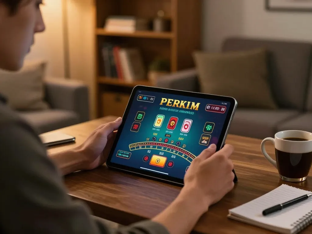 Player engaging with situs gacor on a tablet for an online blackjack game in a cozy living room