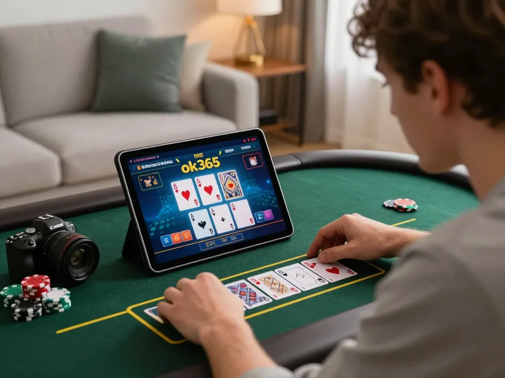 Player enjoying a thrilling experience on ok365 using a tablet in modern home setup.
