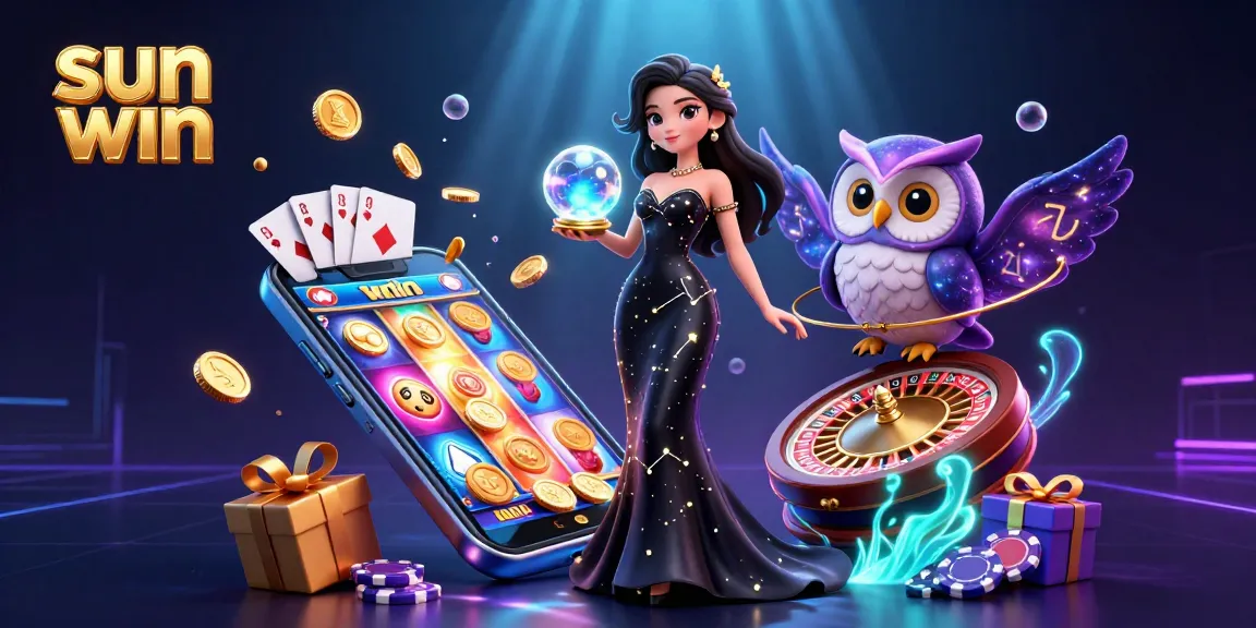 Engage with the vibrant fun at sun win, featuring an enchanting woman with a glowing crystal ball, surrounded by thrilling casino elements.