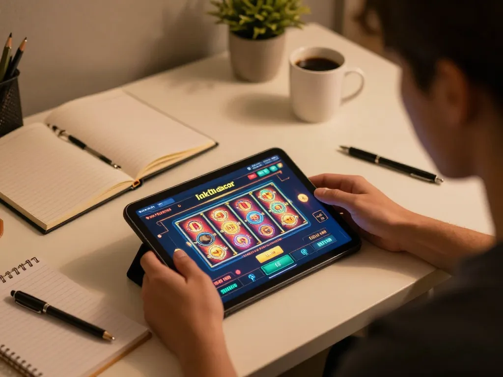 Engaging gameplay on link slot gacor from a tablet while strategizing with notebooks.