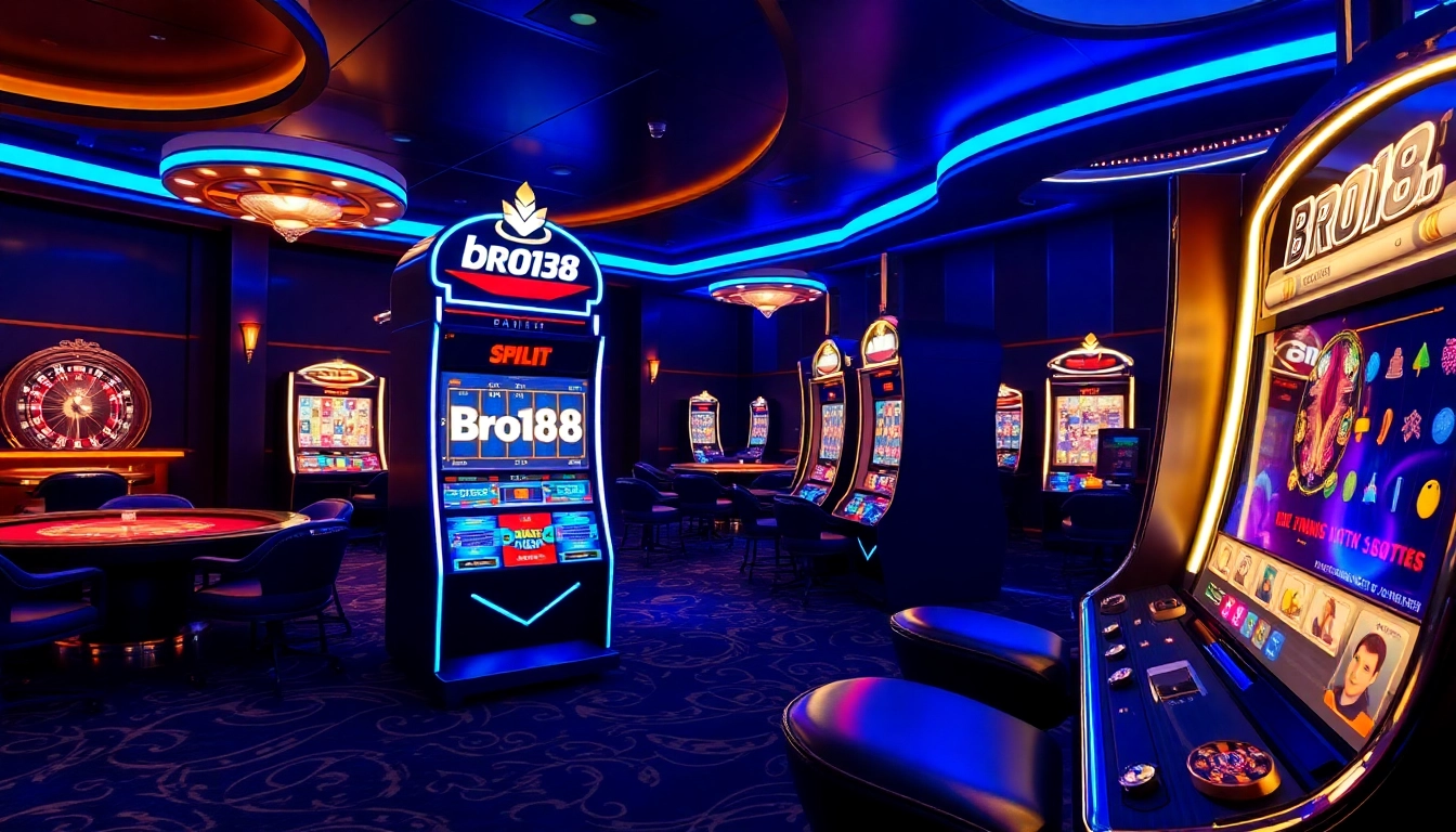 Engage with the Bro138 slot machine amid an elegant casino ambiance, reflecting luxury and excitement.