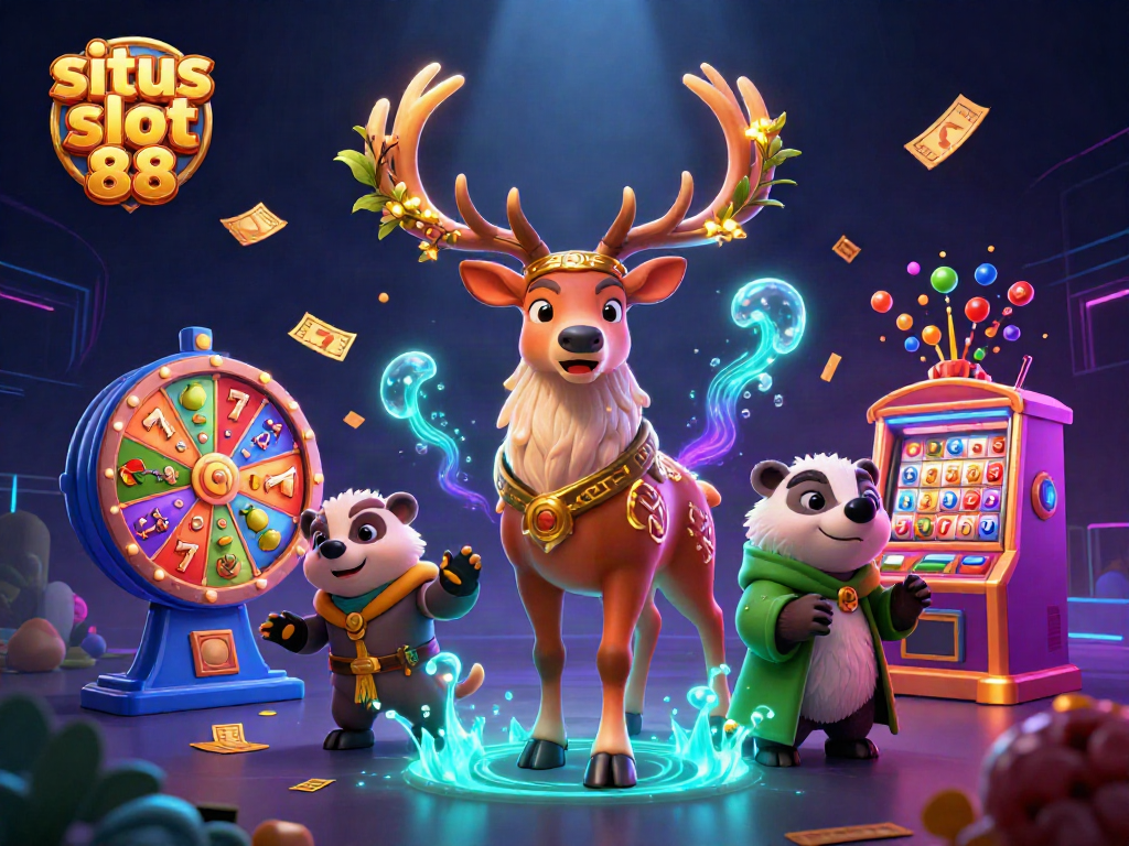Experience thrilling moments with situs slot 88, showcasing vibrant slot reels, enchanting characters, and dynamic gaming elements.