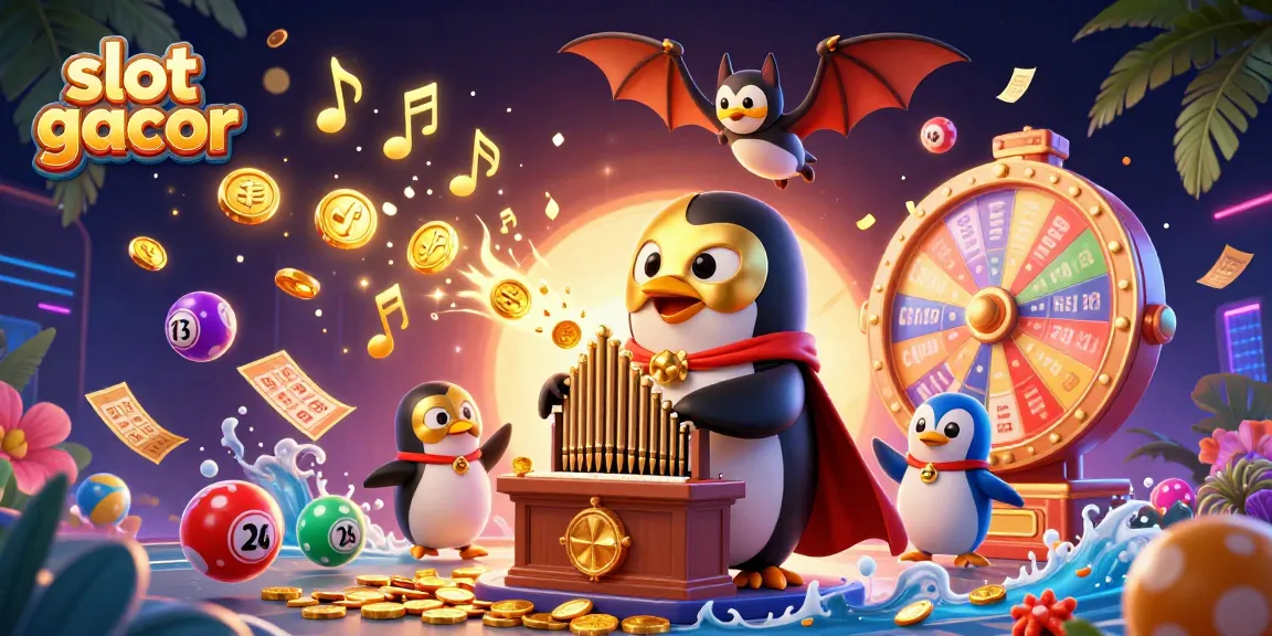 Experience slot gacor excitement with a whimsical penguin and vibrant lottery elements in this dynamic casino scene.