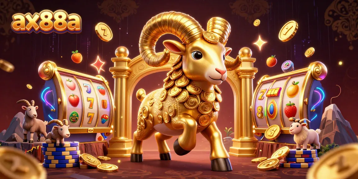 Engage with ax88a's thrilling slot reels, golden ram, and vibrant jackpot symbols in this immersive casino scene.
